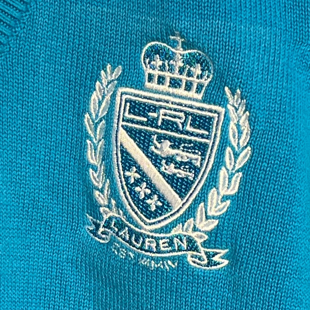 Lauren Ralph Lauren Vintage V-Neck Collared Embroidered Knit Deep Ocean Blue  L - Picture 4 of 12